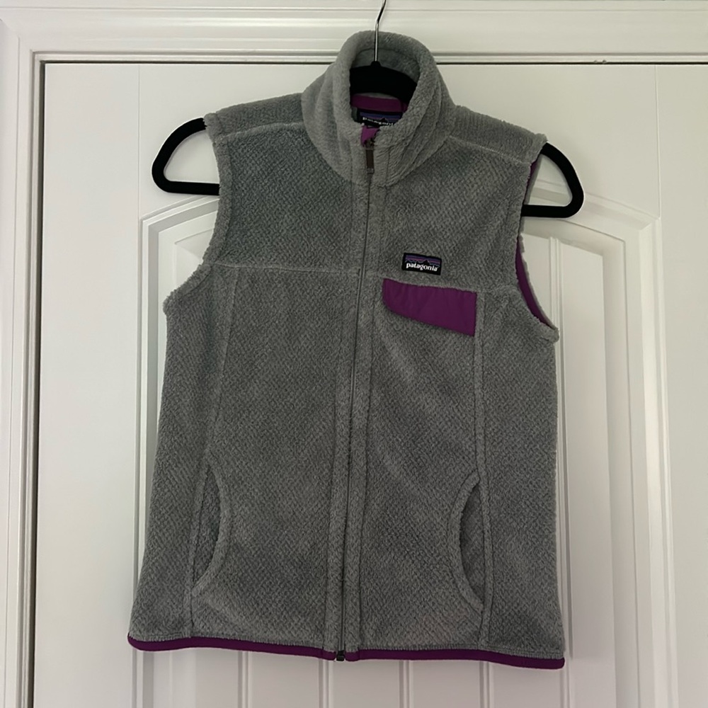 Patagonia Vest, gray with purple trim. Size Small.